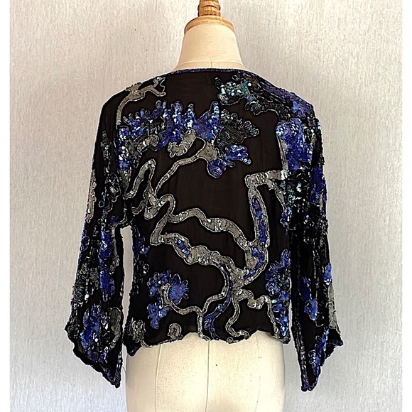 Vintage Chanson D’Amour 100% silk floral embroidered sequin top 3/4 sleeve - Picture 3 of 9